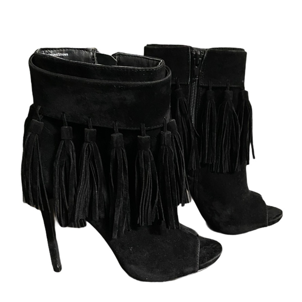 Privileged Black Cortez PeepToe Fringe Bootie NWOT